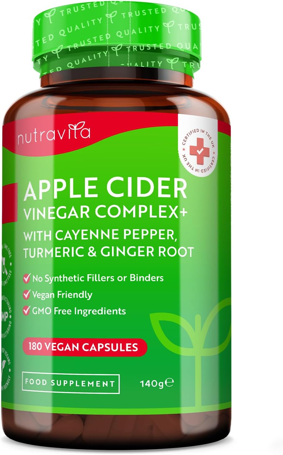 Apple Cider Vinegar Capsules with Cayenne Pepper, Turmeric and Ginger Root - 180 Vegan Capsules Made from UK Grown Apples - Raw Unfiltered ACV - 1033mg Daily Dosage - Made in The UK by Nutravita