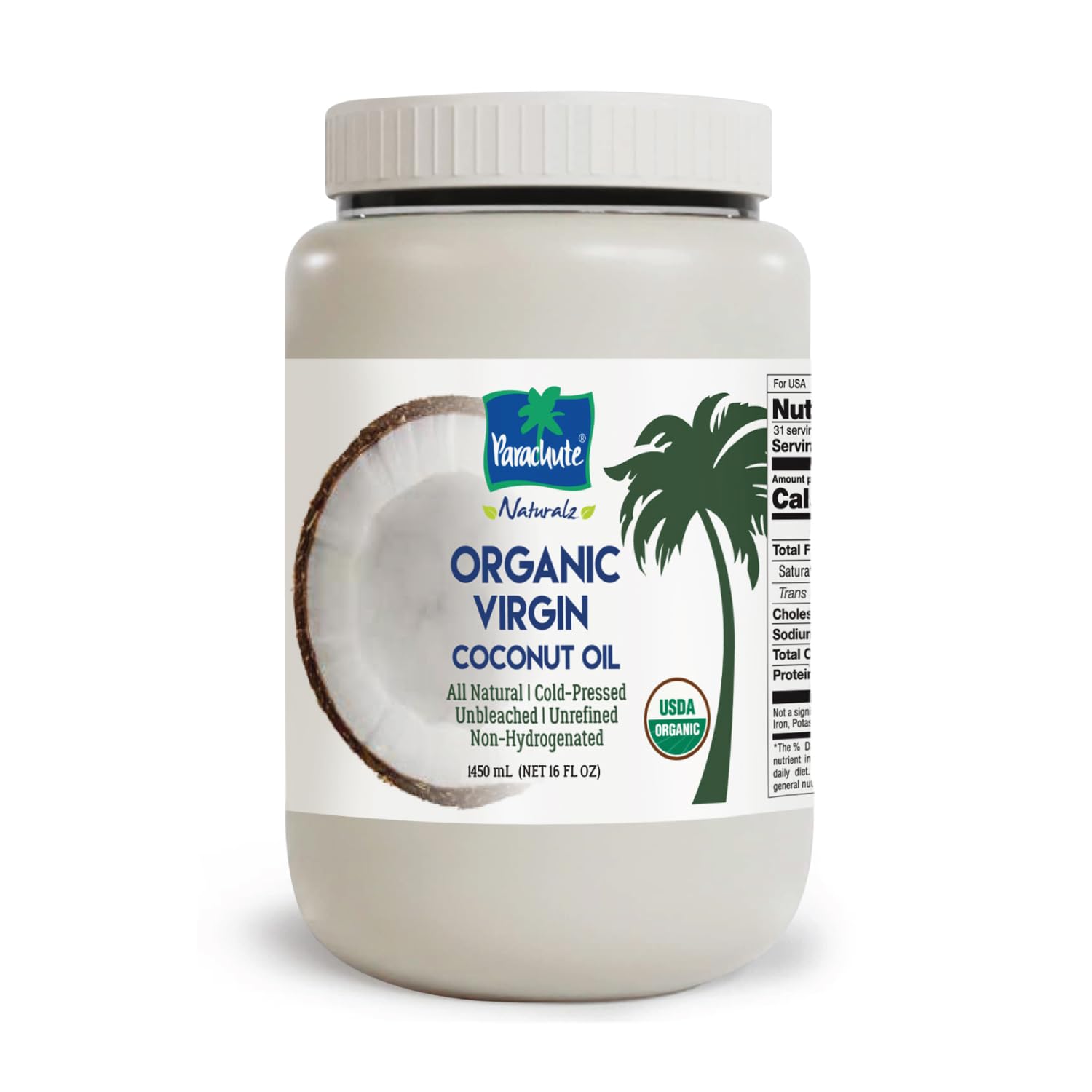 "Parachute Naturalz Organic Virgin Coconut Oil | Cooking Oil, Hair Oil, Body Oil & Oil Pulling | Cold Pressed | Unbleached | Unrefined | Non-Hydrogenated | MCT Oil | USDA Certified | 49 fl oz | Plastic Jar"
