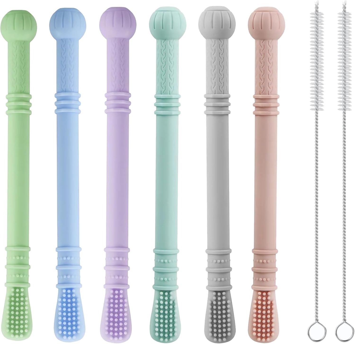 PandaEar Silicone Baby Teether Tubes, 6 Pack Teething Sticks for Babies - Soft Teething Toys with 2 Cleaning Brush, Ages 0-3, 3-6, 6-12 Months