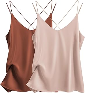 Ekouaer Womens Silk Satin Camisole Tank Tops V Neck Spaghetti Strap Blouses Cross Back Sleeveless Cami Shirt