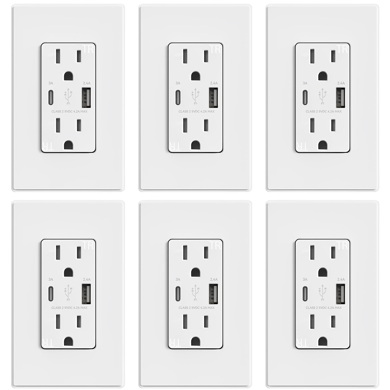 ELEGRP USB Outlets, 15 Amp Wall Outlet with USB Ports, 21W USB Outlets Receptacles with Type A & Type C Ports, Tamper Resistant Receptacle, Wall Plate Included, Ul Listed (6 Pack, Matte White)