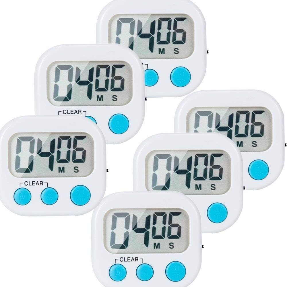 6 Pack Small Digital Kitchen Timer Magnetic Back and ON/Off Switch,Minute Second Count Up Countdown, White