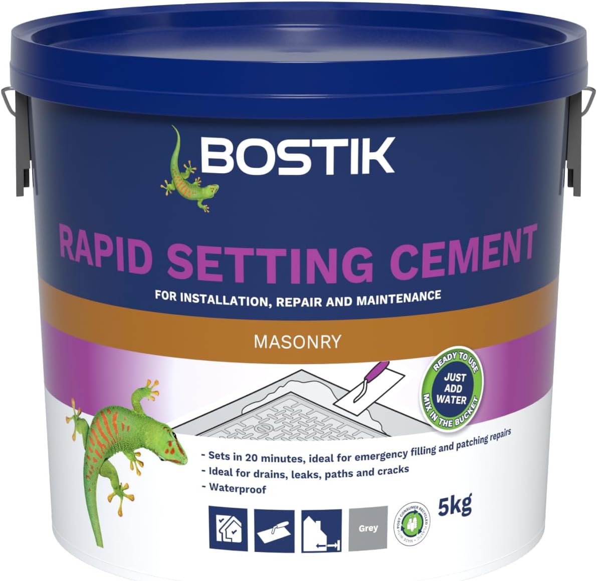 Bostik Rapid Setting Cement 5kg - Fast-Setting 20 Minute Waterproof Repair Mortar - Ready Mixed, Just Add Water - Strong & Durable - For Drain Repairs & Concrete Fixing - Indoor & Outdoor Use