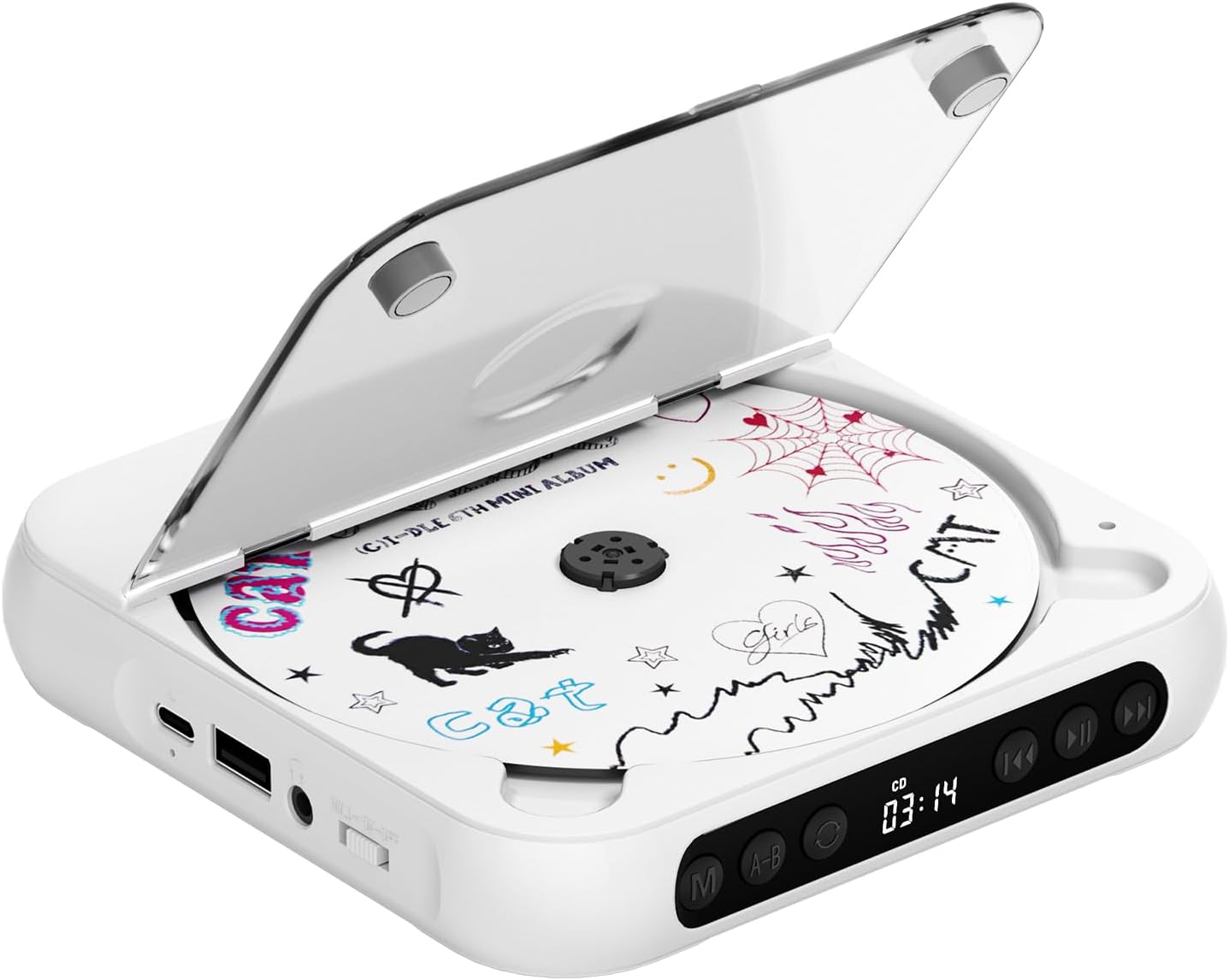 CD Player Portable with Dual Stereo Speakers, Rechargeable Portable CD Player with Bluetooth for Home with Headphones, Support CD/AUX/USB, White