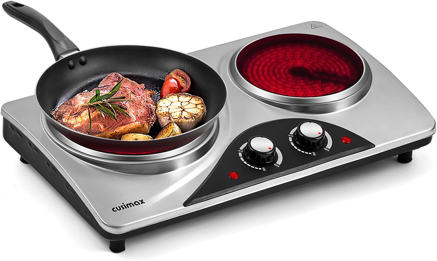 CUSIMAX Hot Plate, Double Infrared Hot Plates for cooking, 2100W Electric Hob Portable Cooktop with Dual Temperature Control & Overheat Protection, Stainless Steel Upgraded Version