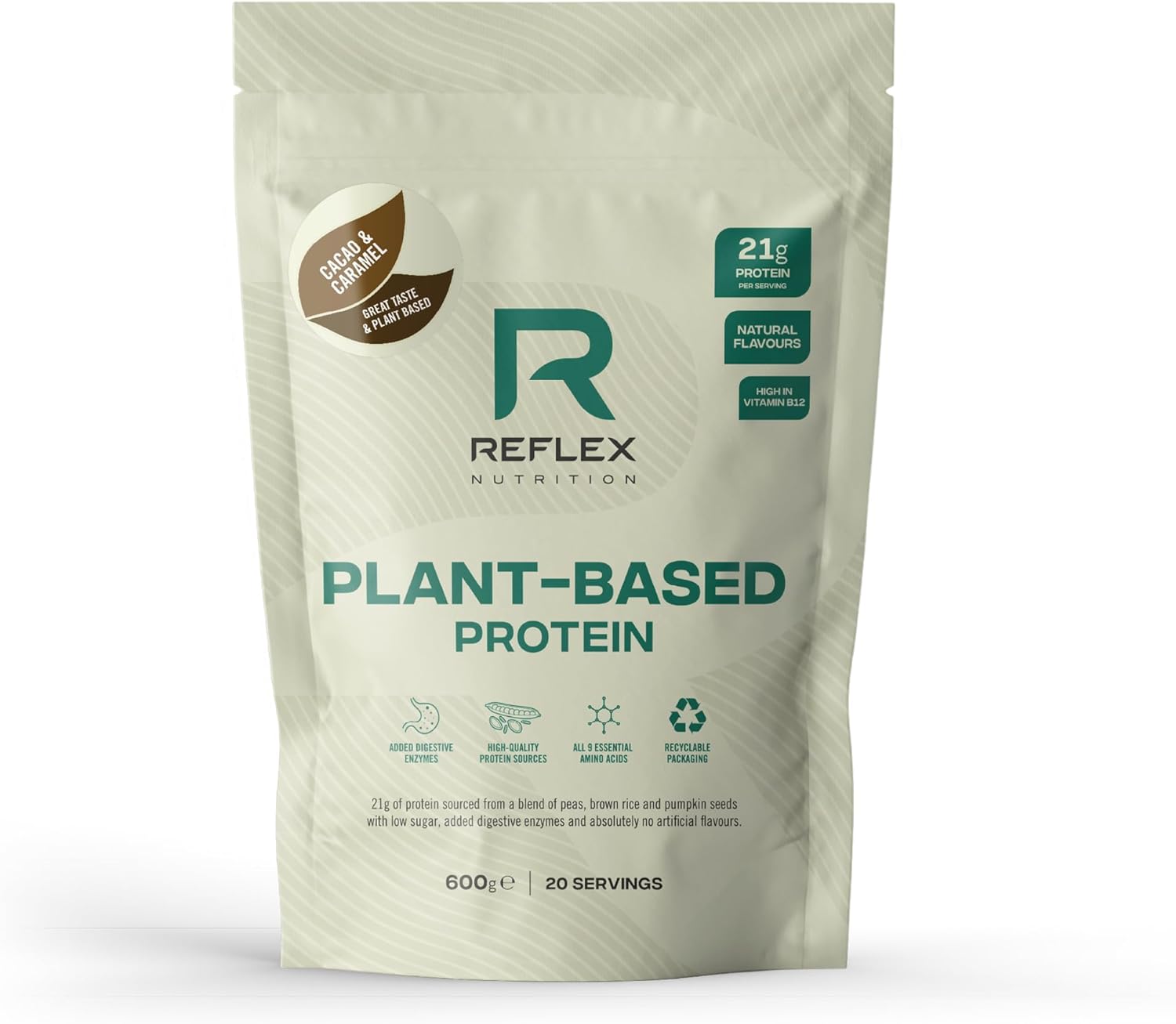 Reflex Nutrition Plant Based Protein - 21g Vegan Protein Powder (Pea Protein, Brown Rice Protein & Pumpkin Seeds) - Digestive Enzymes & Vitamin B12 - Natural Flavours (Cacao & Caramel, 20 Servings)