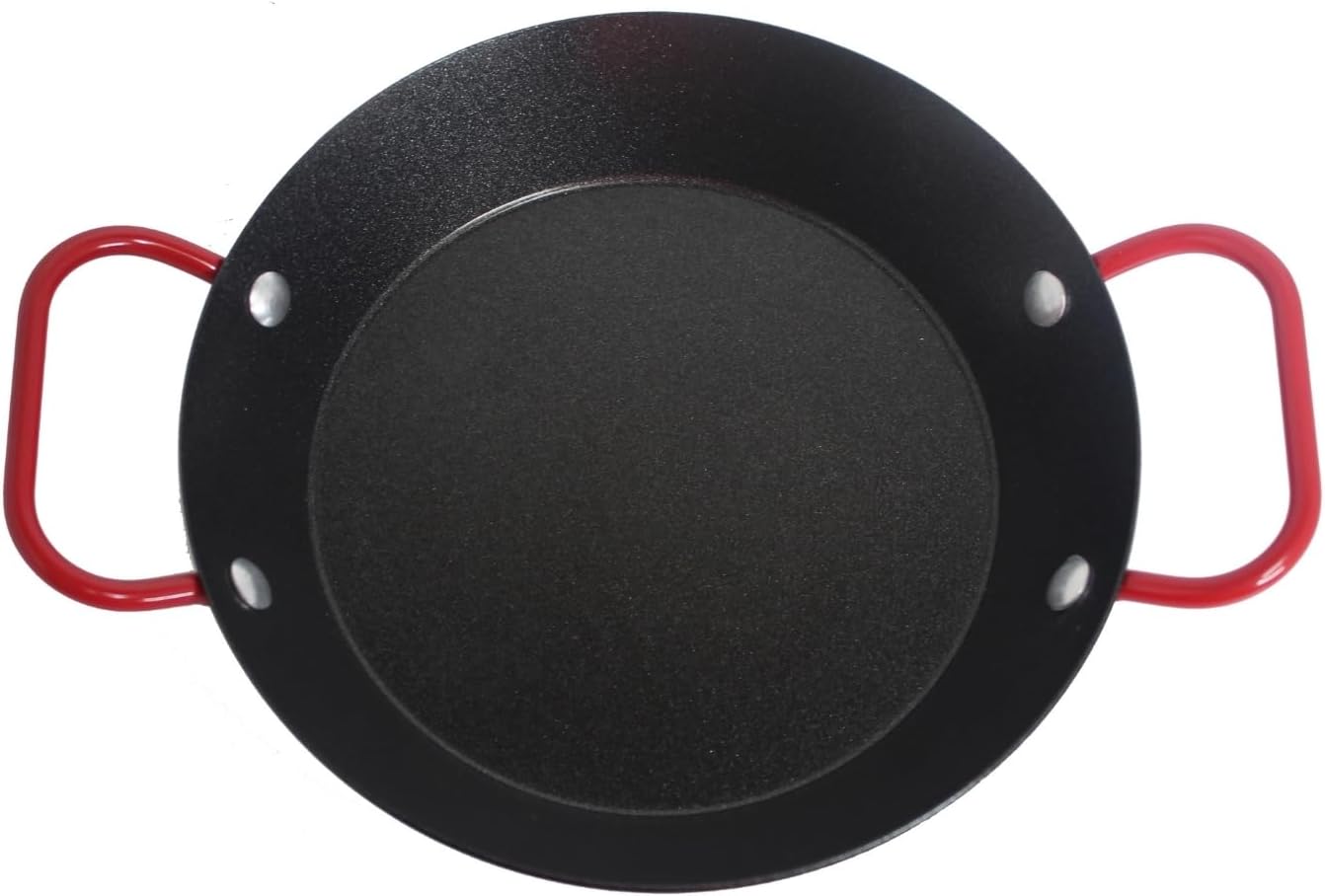 IMUSA USA 6" Carbon Steel Coated Nonstick Paella Pan Handles, Black, Red Hanldes