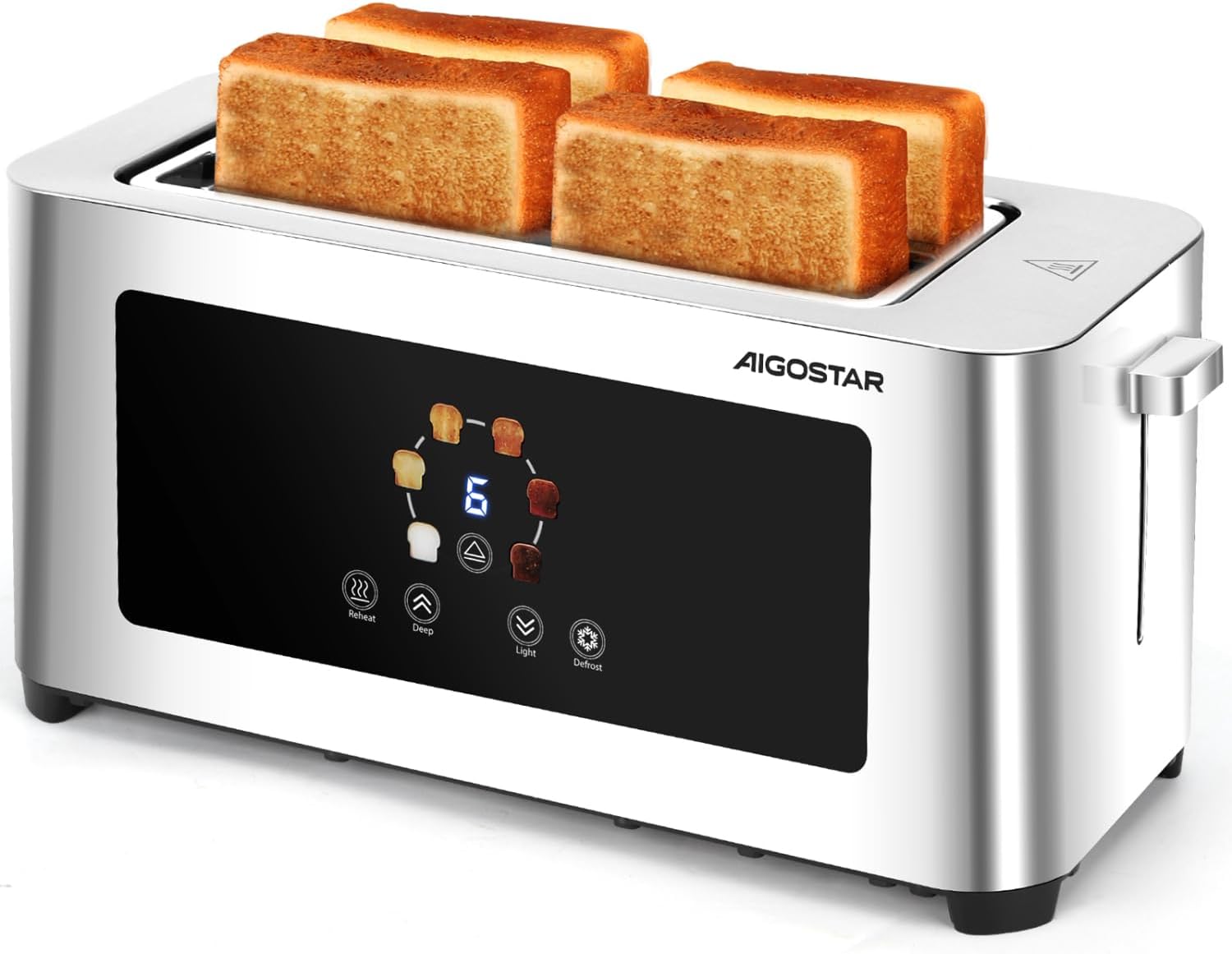 Aigostar 4-Slice Long Slot Toaster Stainless Steel, Extra-Wide Slots, Digital Touch Control, 6 Browning Levels, Defrost Cancel Reheat Functions, 1400W – Perfect for Thick & Thin Bread