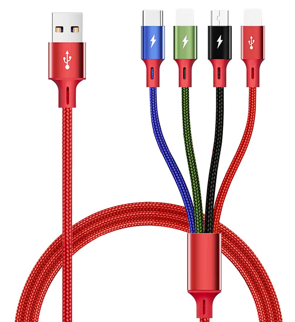 Multi Charger Cable [3.5A 1.8M] 4 in 1 Nylon Braided USB Charging Cable Multiple Fast USB Cable with Micro USB/Type C/iP Ports for Phone 16/15/14/13/12/11/Xs/X/8/7,Android Galaxy,Huawei,Nexus,Nokia,LG