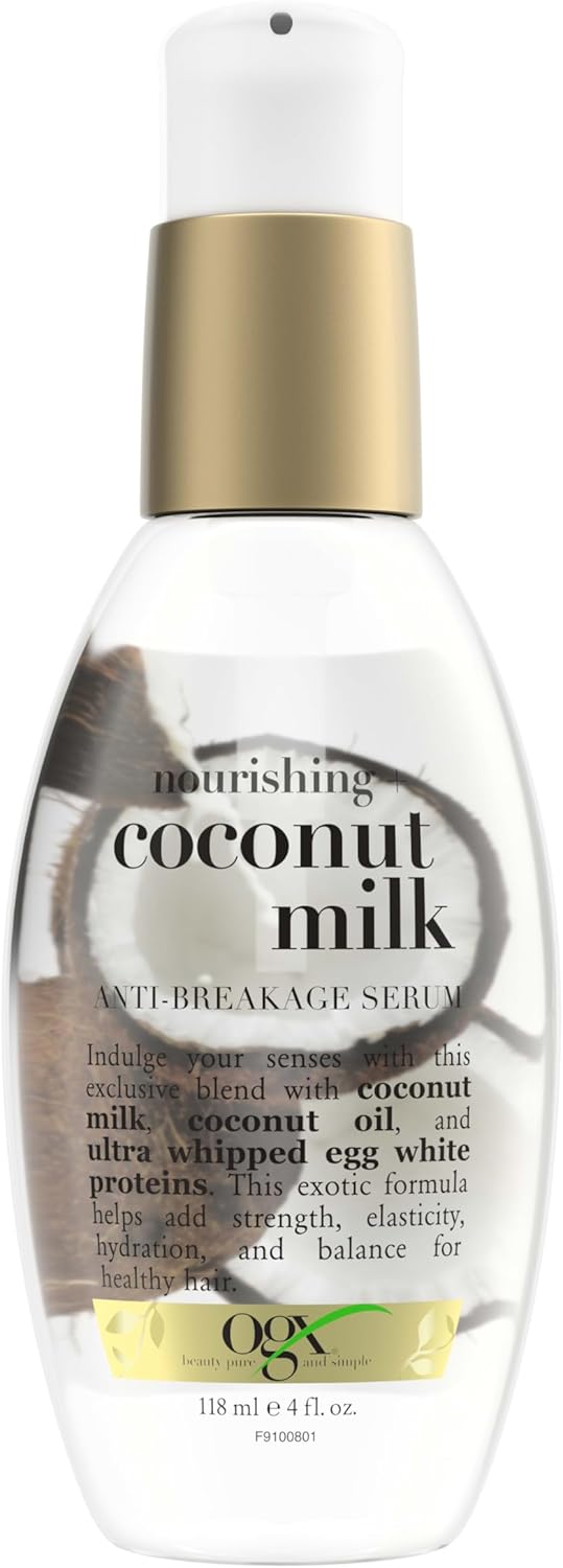 OGX 91008 Anti-Breakage Serum Nourishing Coconut Milk, Paraben and Sulfate Free, Sustainable Ingredients, Strengthening, Protective, Hydrating, 4 Ounce Pump Bottle
