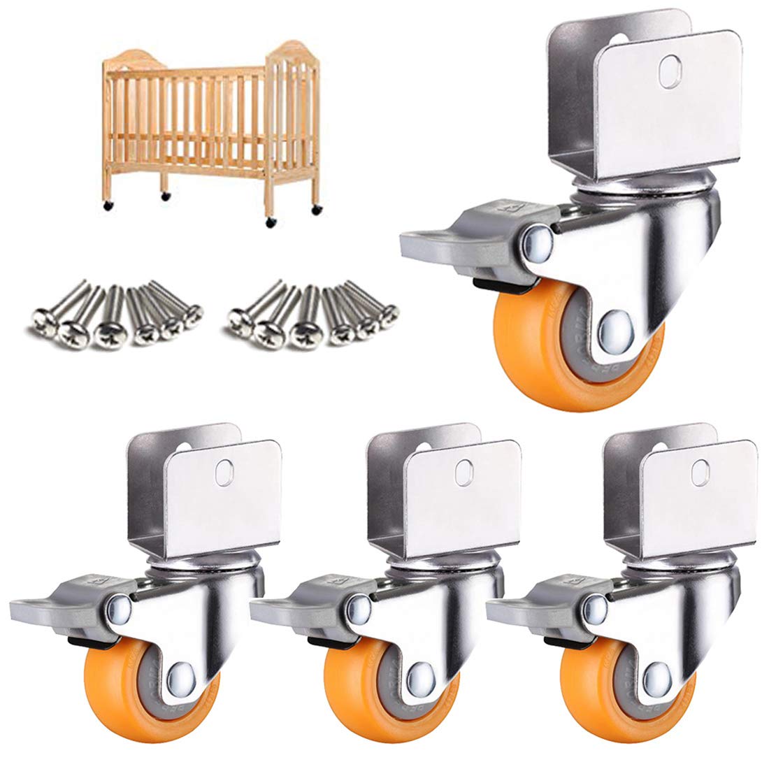 1,5 Inch 38mm Swivel Caster Wheels,U-Bracket Furniture Caster,Nylon Casters Wheel Suitable for Cribs,Baby Bed Castors,U-Clamp Top 360° Rotatable Universal Caster,4pcs,Yellow(+brake18mm)