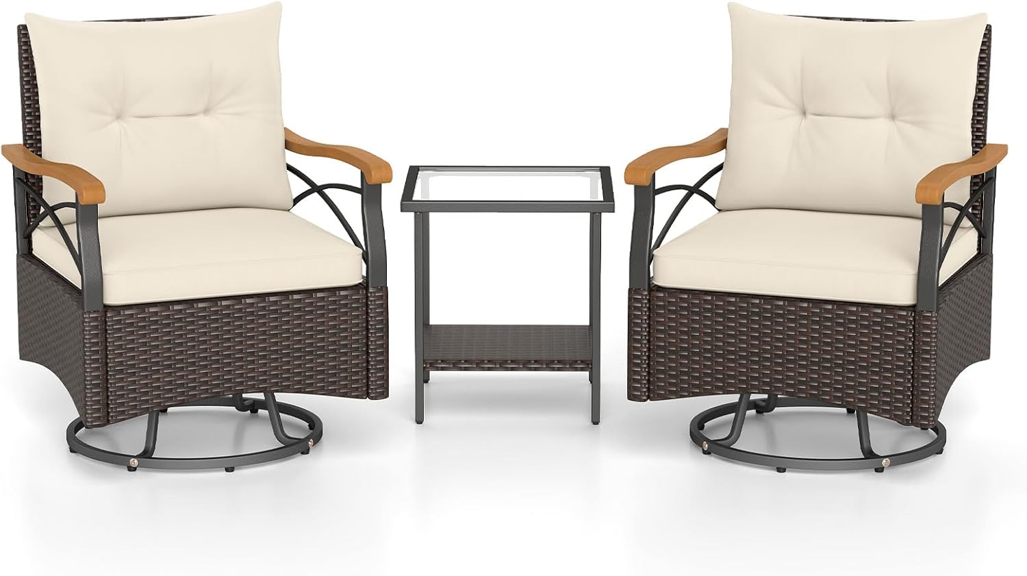 ORALNER 3-Piece 360° Swivel Patio Furnitrue Set, Wicker Chairs with Cushions, Glass Coffee Table, Cushions, Outdoor Rattan Bistro Set for Balcony Front Porch Deck Poolside (Off-White)