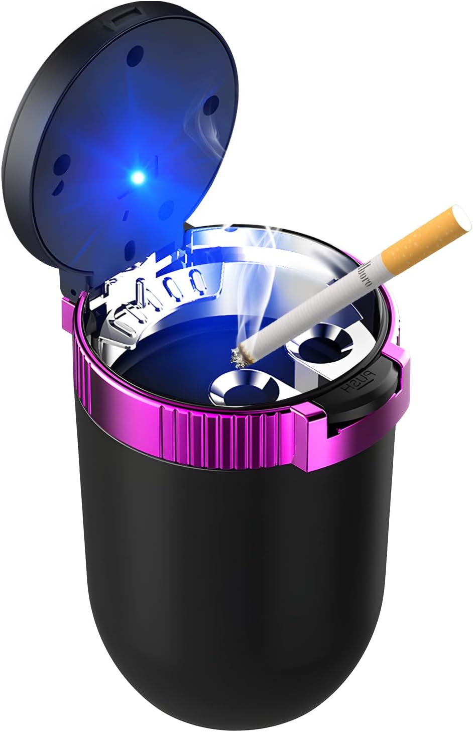 Car Ashtray with Lid, Auto Portable Stainless Steel Smokeless Ash Tray with LED Light, Detachable Windproof Ashtray Mini Trash Can for Most Car Cup Holder Home Office (Purple)