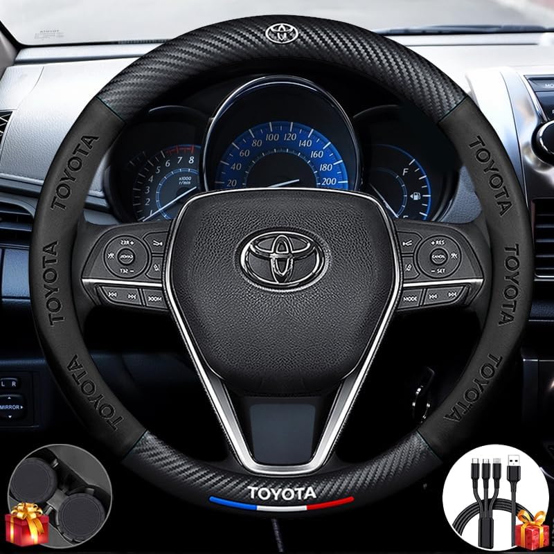 Steering Wheel Cover Compatible with Toyota, Premium Napaa Leather&Carbon Fiber Texture Steering Wheel Cover, with 2 Coasters and USB Fast Charging Cable (Black)