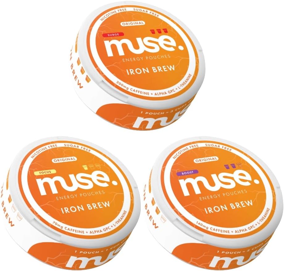 Muse Energy Pouches - Iron Brew - Smart Caffeine with Alpha GPC & L-Theanine (• 70mg •• 140mg ••• 200mg) | Sugar-Free, UK Made (Surge(200mg))