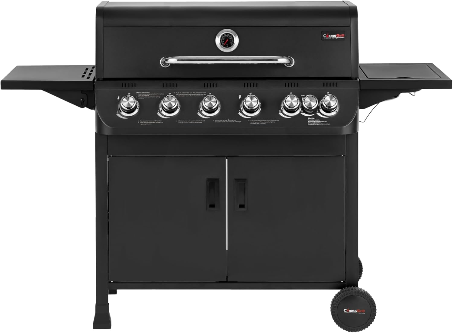 CosmoGrill NEW Emberr 7 Gas Burner 6+1 Barbecue Grill, Porcelain Warming Rack, Propane Gas Regulator Hose, Side-Burner, Storage, Wheels Built-in Temperature Gauge for Home Garden Party Outdoor Cooking