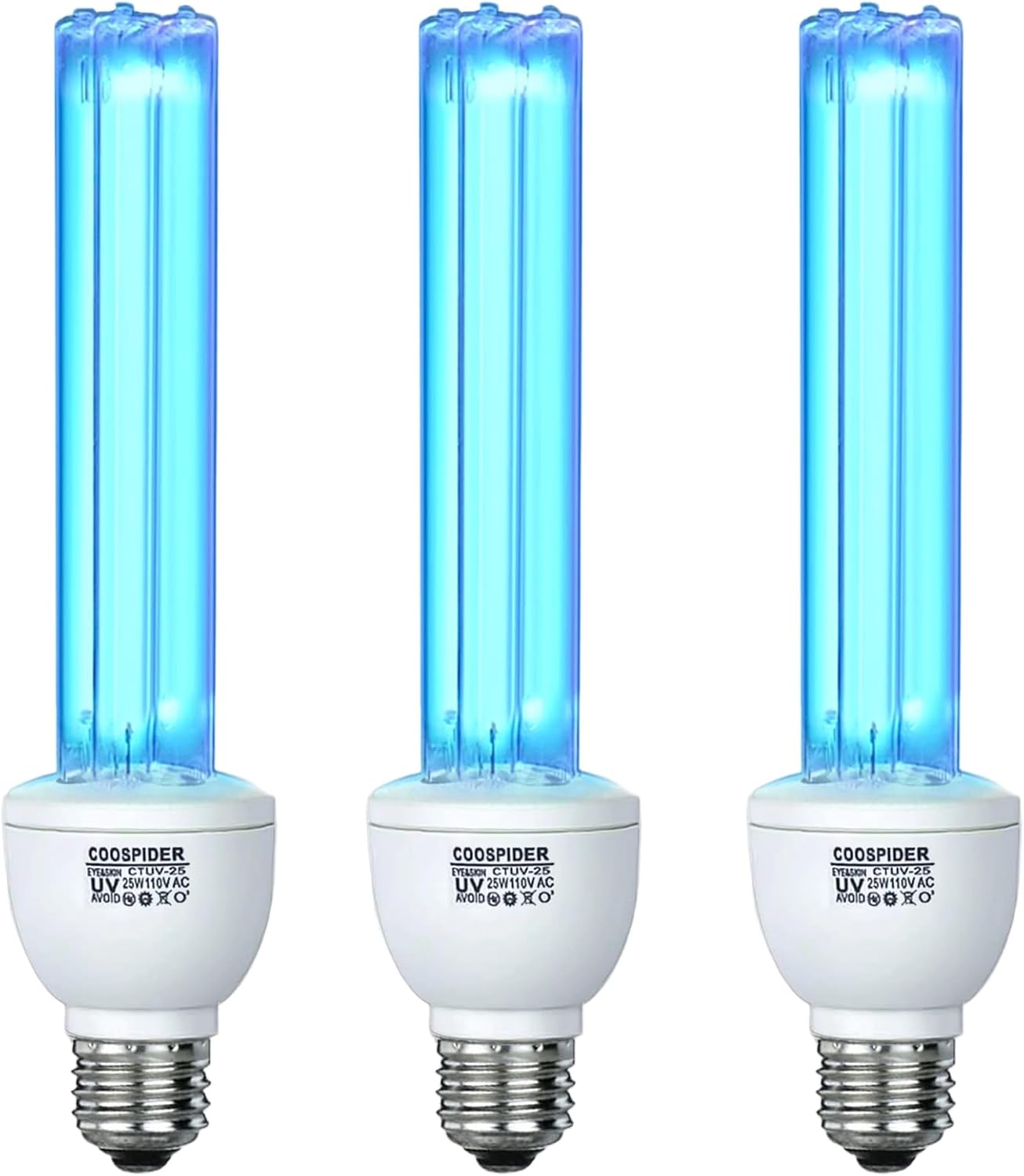3 Pack 25 Watts UVC Light Bulb Ozone Free, Replacement UV Light Bulb for Bedroom/Bathroom/Closet/Kitchen, 253.7nm Wavelength Covers up to 400sq.ft, E26 Base 110V CTUV-25