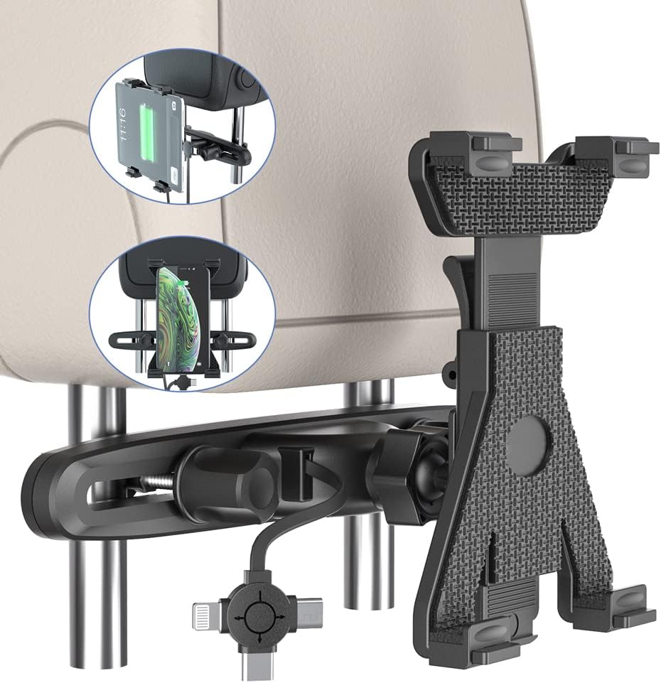 PLDHPRO Tablet Holder for Car Headrest Mount, Multi Car Retractable Adjustable Backseat 3 in 1 Car Charging Station for for iPad Air iPad mini Samsung Huawei and All 7"-10.5" inch Screen Tablet