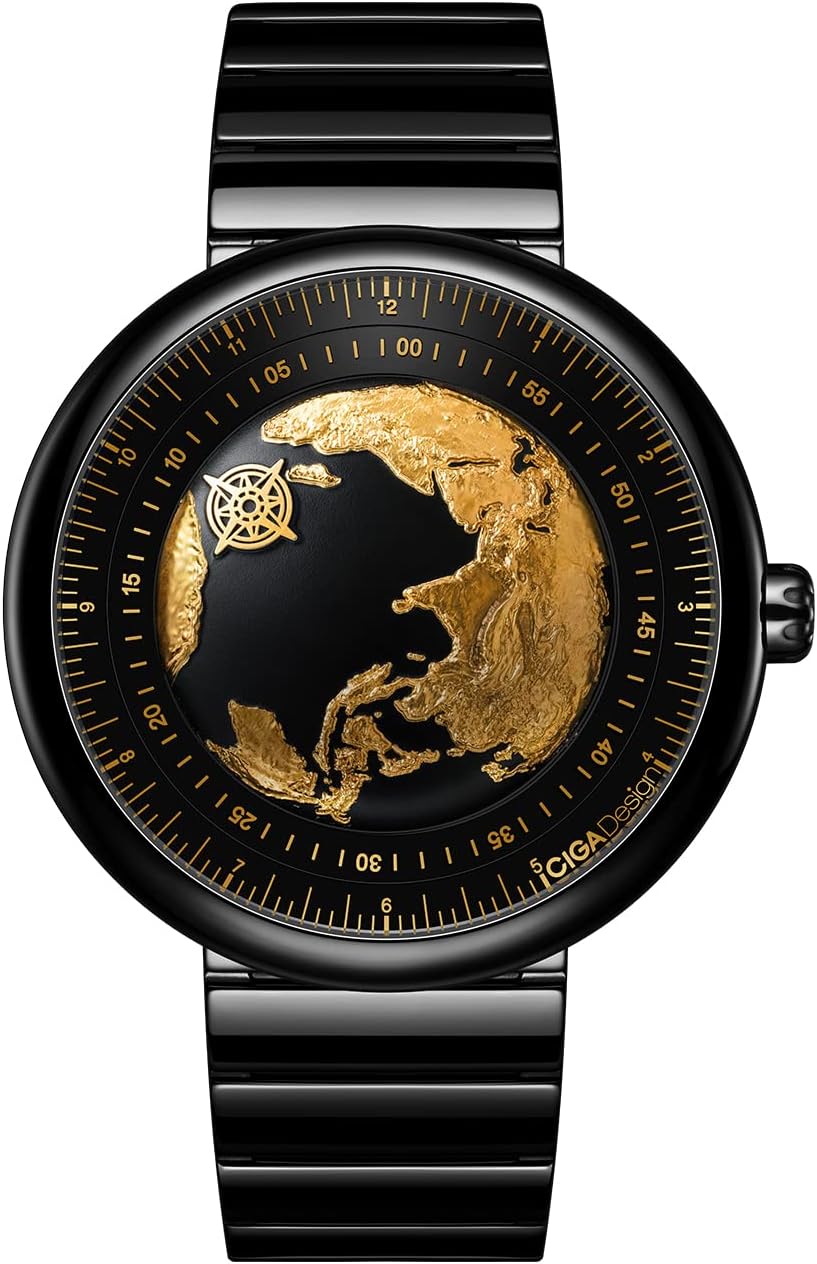 CIGA Design Mechanical Automatic Watch - Blue Planet U Series Wristwatch Round Stainless Steel/Titanium Sapphire Crystal for Men and Women with Fluororubber Strap