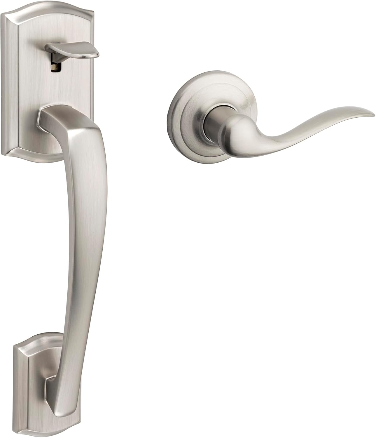 Kwikset Prescott Front Door Handle No Lock, Entry Handleset Exterior with Interior Reversible Handed Lever, Non-Locking, Satin Nickel, Deadbolt Not Included, with Microban Protection