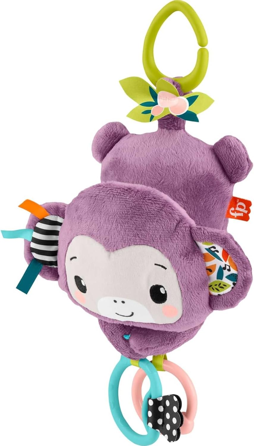 Fisher-Price Baby Stroller Toy Sing & Go Purple Monkey Musical Sensory Plush with Crinkle & Clackers for Newborns from Birth+, JBG94
