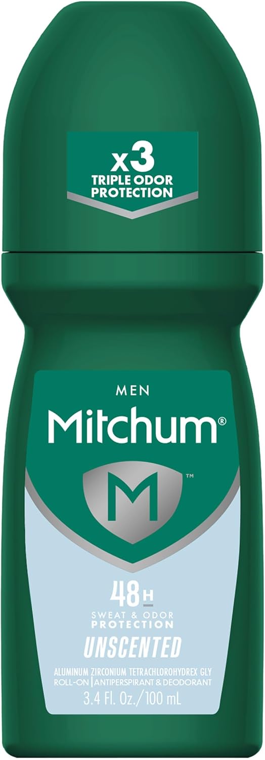 Mitchum Men’s Antiperspirant Deodorant, Roll-On Applicator, Unscented, 48HR Sweat & Odor Protection, Quick-Drying Formula, Dermatologist Tested, 3.4 oz