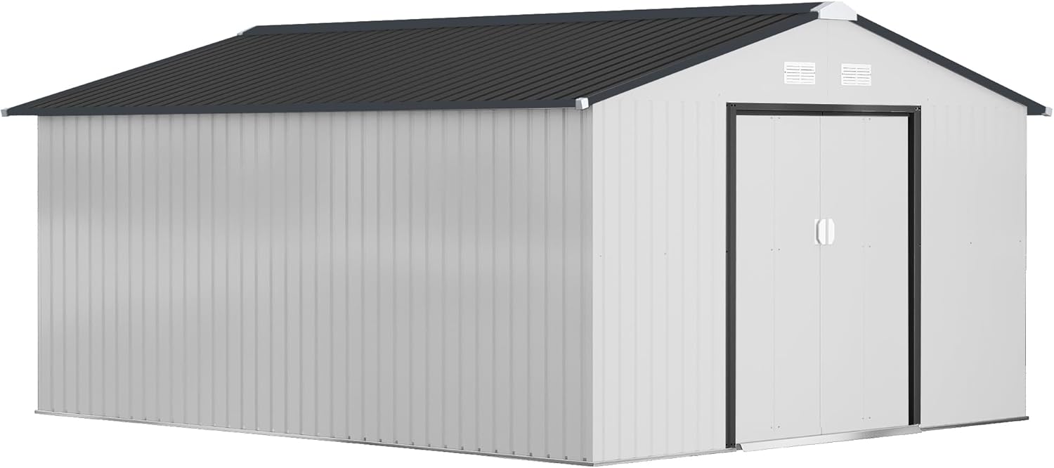 Outsunny 11' x 13' Outdoor Storage Shed, Garden Tool Metal Shed with Foundation Kit, Double Lockable Door, Air Vents and Sloping Roof, for Backyard, Patio, Lawn, White