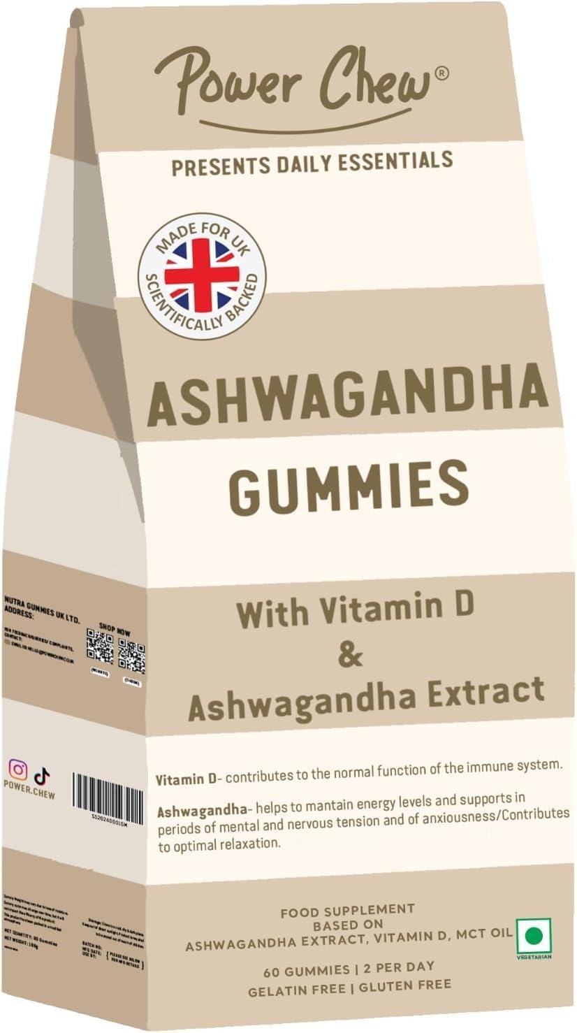 Ashwagandha Gummies | Ashwagandha High Strength Extract and Vitamin D | 60 Vegan Gummies Chewable | Vitamin Gummy for Women & Men | Super Tasty Food Supplement for Adults