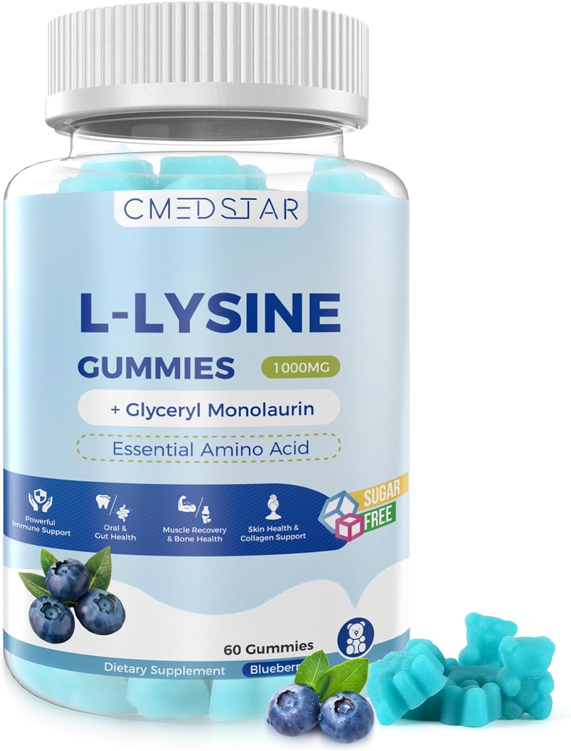 L-Lysine Gummies 1000mg with Glyceryl Monolaurin, Supports Oral & Gut Health, Immune Booster for Adults & Kids, Sugar-Free, Gluten-Free, Non-GMO, Vegan, Blueberry Flavor, 60 Count