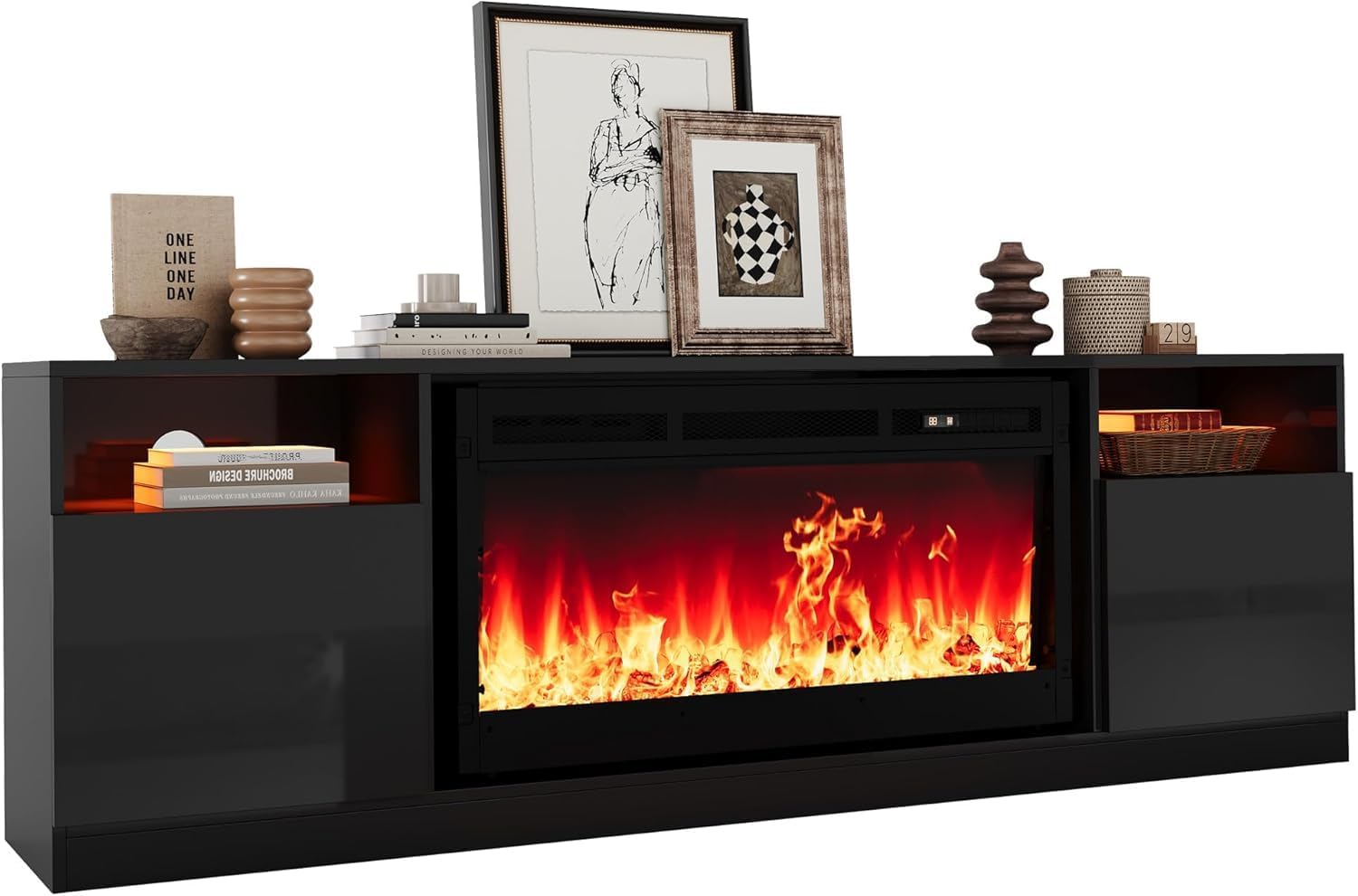 36" Electric Fireplace & 70" TV Stand, 12 Colors LED Lights Flame, 1500W Tv Stand with Fireplace