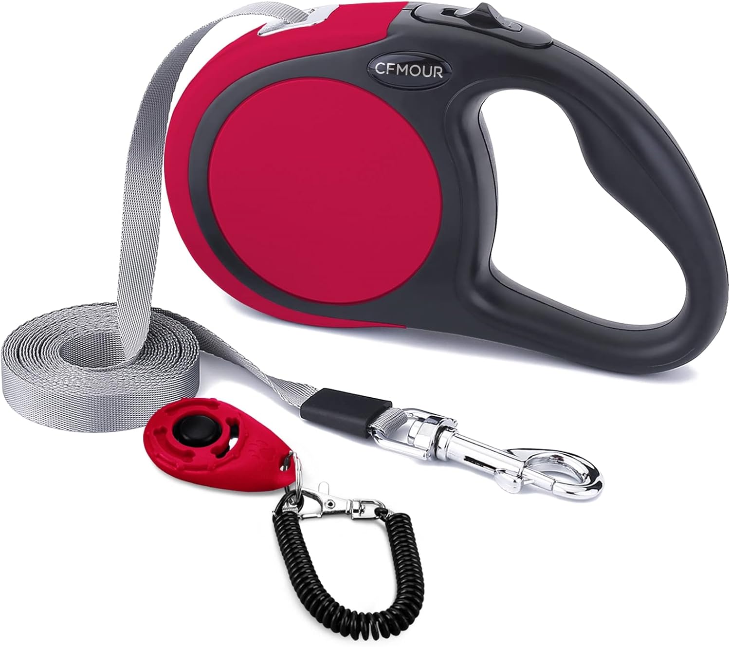 CFMOUR Retractable Dog Lead, 5m/20kg Red Heavy-Duty Extendable Dog Leads for Small to Medium Dogs; Strong Nylon Tape Ribbon Leash, One-Button Brake&Lock, Bonus Training Clicker