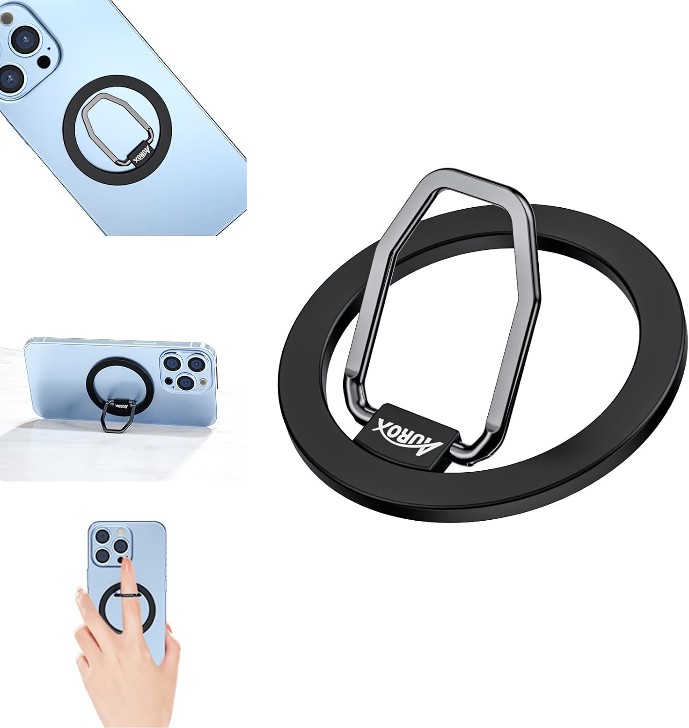 AUROX Magnetic Phone Grip Compatible with Magsafe Ring Holder [Dual-Sided Magnet] Adjustable Magnetic Phone Ring Holder for iPhone 16 15 14 13 12 Pro/Pro Max/Plus/Mini (Black)