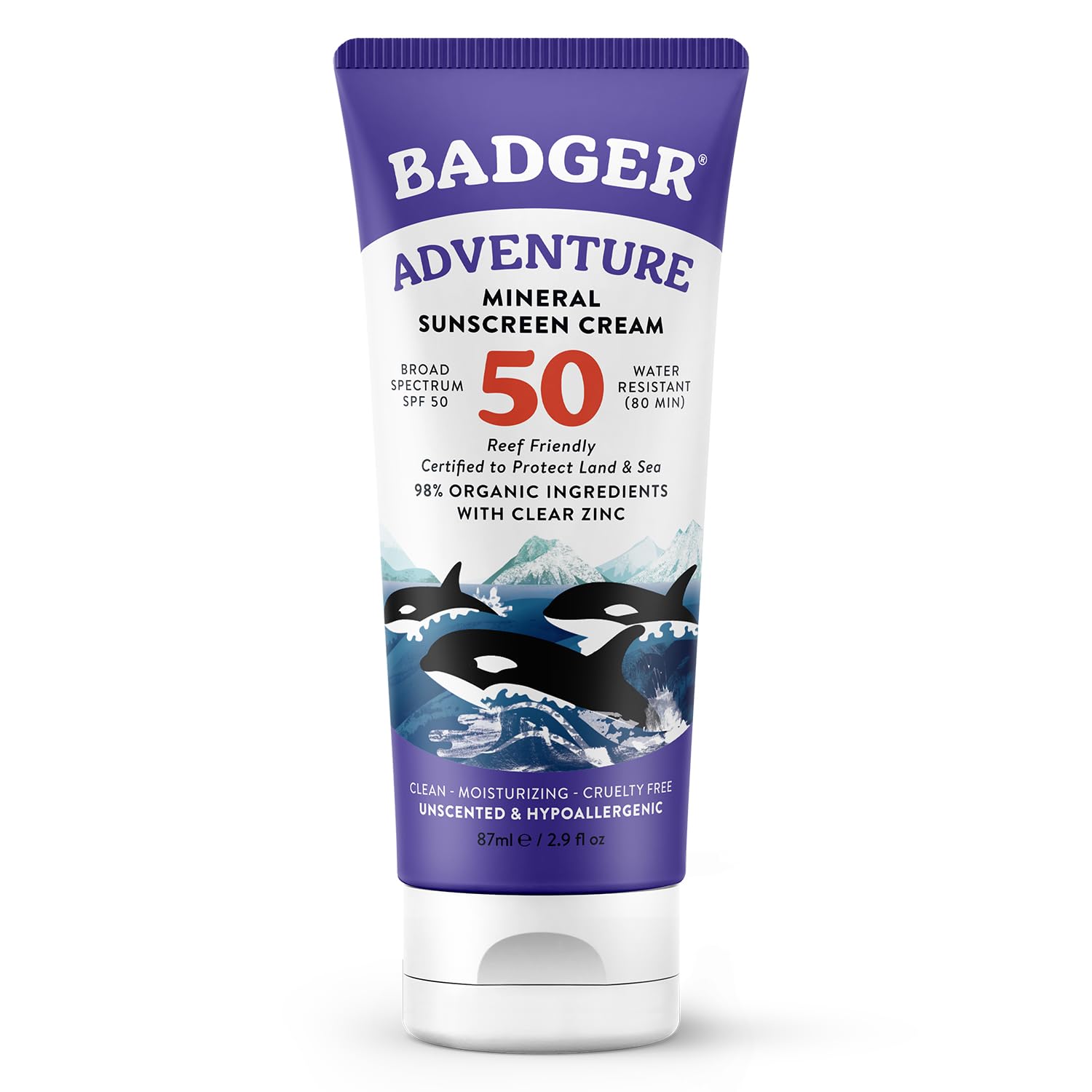Badger Mineral Sunscreen SPF 50 with 98% Organic Ingredients& Zinc Oxide, Reef Safe/Reef Friendly Sunscreen, Hypoallergenic, Water Resistant, Unscented Adventure Sport 2.9 fl oz