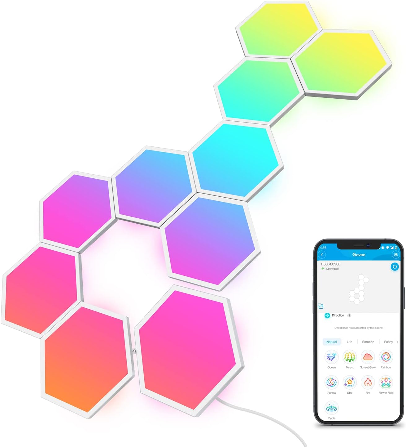 Govee Glide Hexa Panels, Smart Hexagon LED Wall Lights Wi-Fi RGBIC, 6 Music Sync Modes, 40 Scene Modes, Work with Alexa & Google Assistant for Living Room, 10 Packs