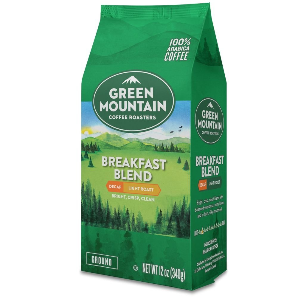 Green Mountain Coffee Roasters, Breakfast Blend Decaf, Ground Coffee, Decaffeinated, Light Roast, Bagged 12oz.