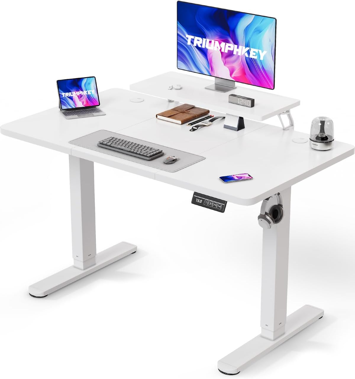 TRIUMPHKEY 120x60cm Electric Standing Desk Height Adjustable Desk With Monitor Hooks Stand Storage Shelf Home Office Sit Stand Study Table With Memory Smart Panel(White)