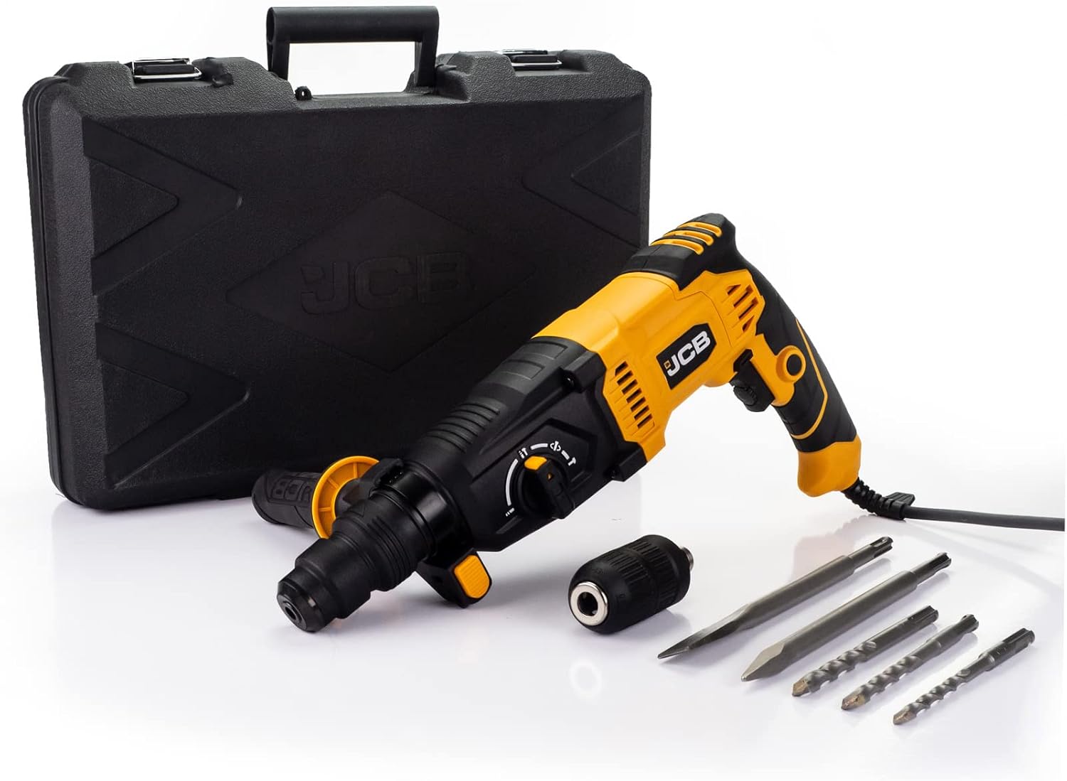 JCB 1050w Rotary Hammer Drill, 240v, Anti-Vibration & Multi Position Side Handle, 4 Modes Drilling, Hammer, Chiselling and Chisel Adjustment, 3 Year Warranty