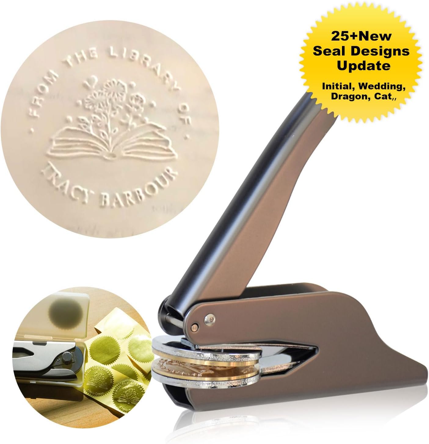 Custom Book Embosser Personalised for Library Collections, Ex libirs, Name Card, Wedding | Book Lovers Gift, Personal Embossing Stamp Set with 10 Stickers (Black)