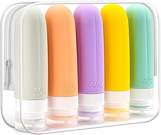 XMOSNZ 3oz Silicone Travel Bottles for Toiletries, Travel Containers Set with Labels Includes, Pumpkin-Shaped Refillable Travel Kit Squeeze Empty Bottles for Shampoo Conditioner Shower Gel(5Pack)