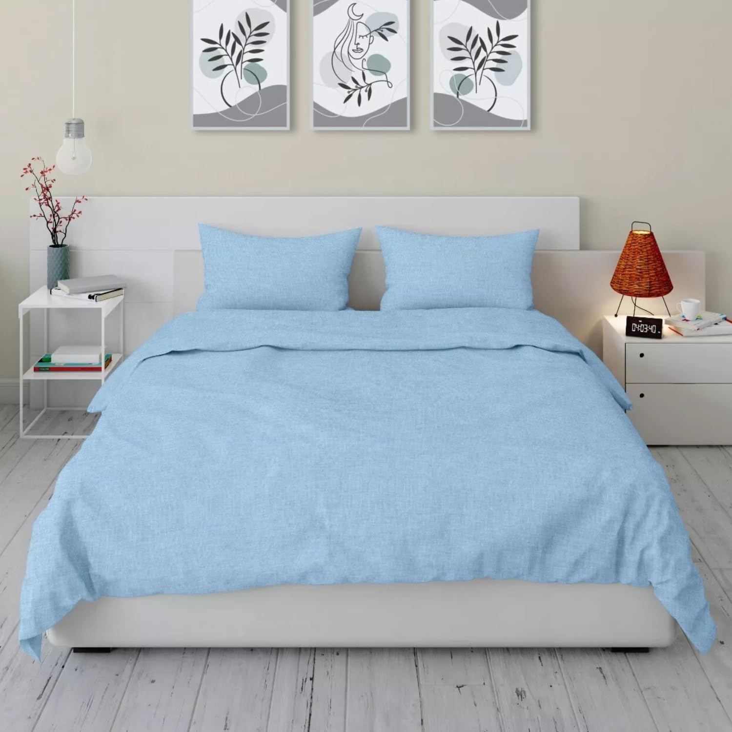 VELAFEE Bedding Double Duvet Cover Set with 1x Fitted Bedsheet 2x Pillowcase - Made of Cotton & Polyester for Double Bed | Soft, Non-Quilted Lightweight Bedding Set – Blue