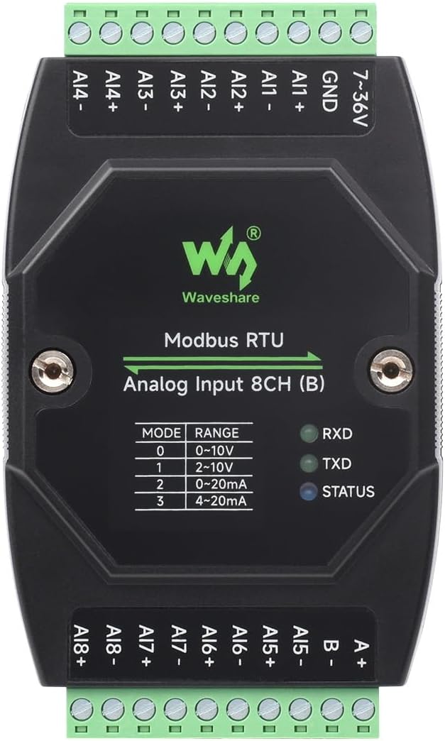 Waveshare Industrial 8-Ch Analog Acquisition Module, 12-Bit High-Precision, Supports Voltage and Current Acquisition, DC 7~36V Wide Voltage Power Supply, 8-ch Voltage Mode, 0~10V