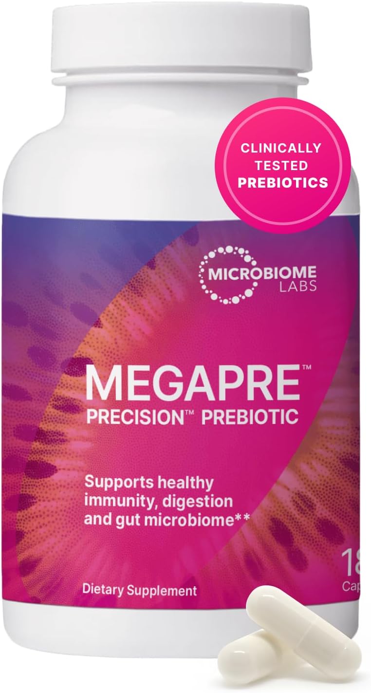 Microbiome Labs MegaPre Prebiotic Fiber Supplement in Vegetable Capsules - Prebiotic Supplement with Clinically Tested Oligosaccharides - Support Microbial Diversity & Gut Health (180 Capsules)