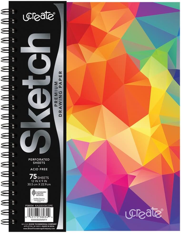 UCreate Fashion Poly Cover Sketch Book Kaleidoscope Design, 9" x 12", Multi-Color 75 Sheets