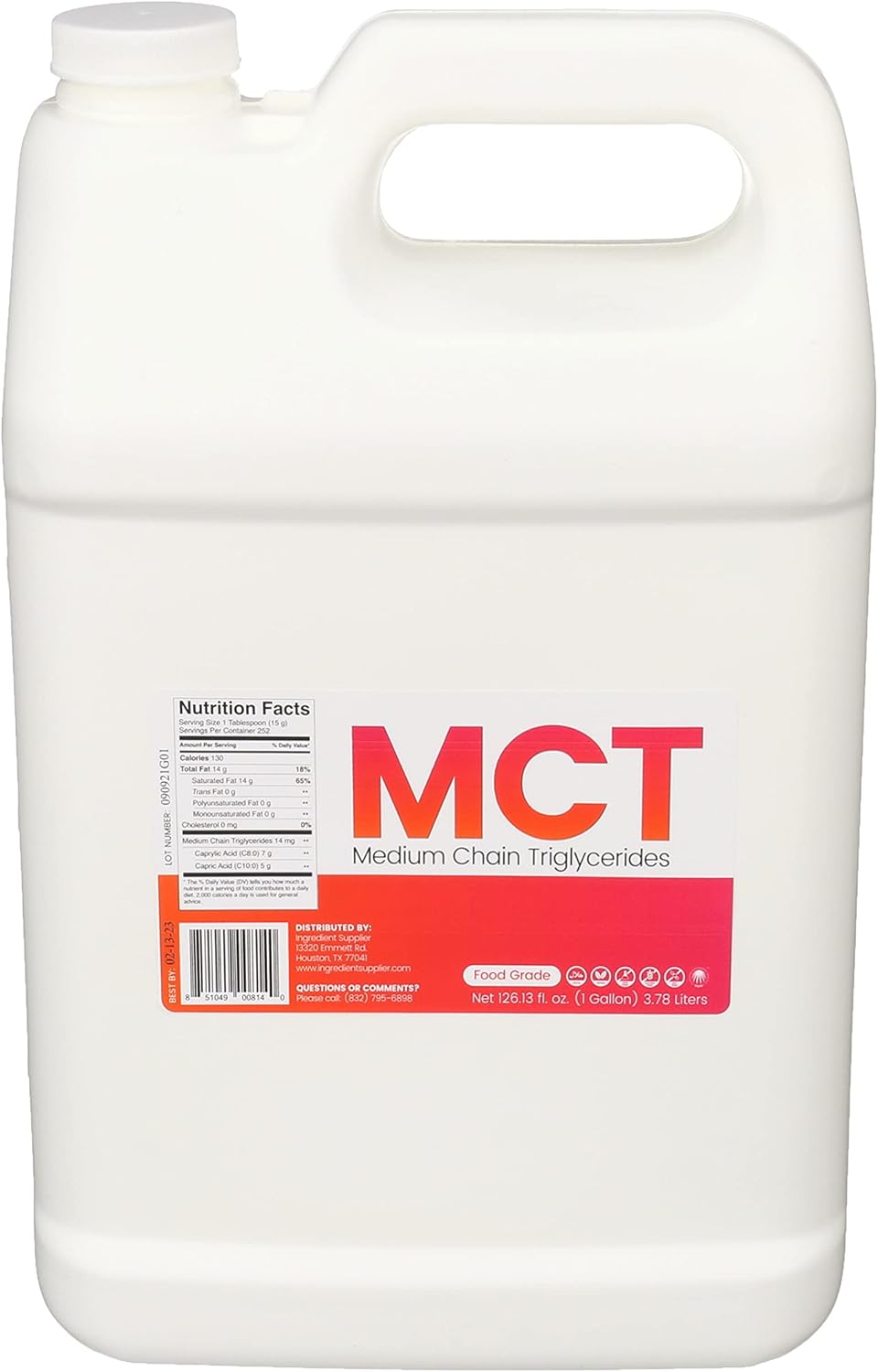 MCT Oil - 1 Gallon (126.13 Oz.) Food Grade - Non GMO - Halal - Vegan - Sustainable Palm Derived - for Tinctures, Sports Nutrition, Keto or Paleo Diet, Clean Energy