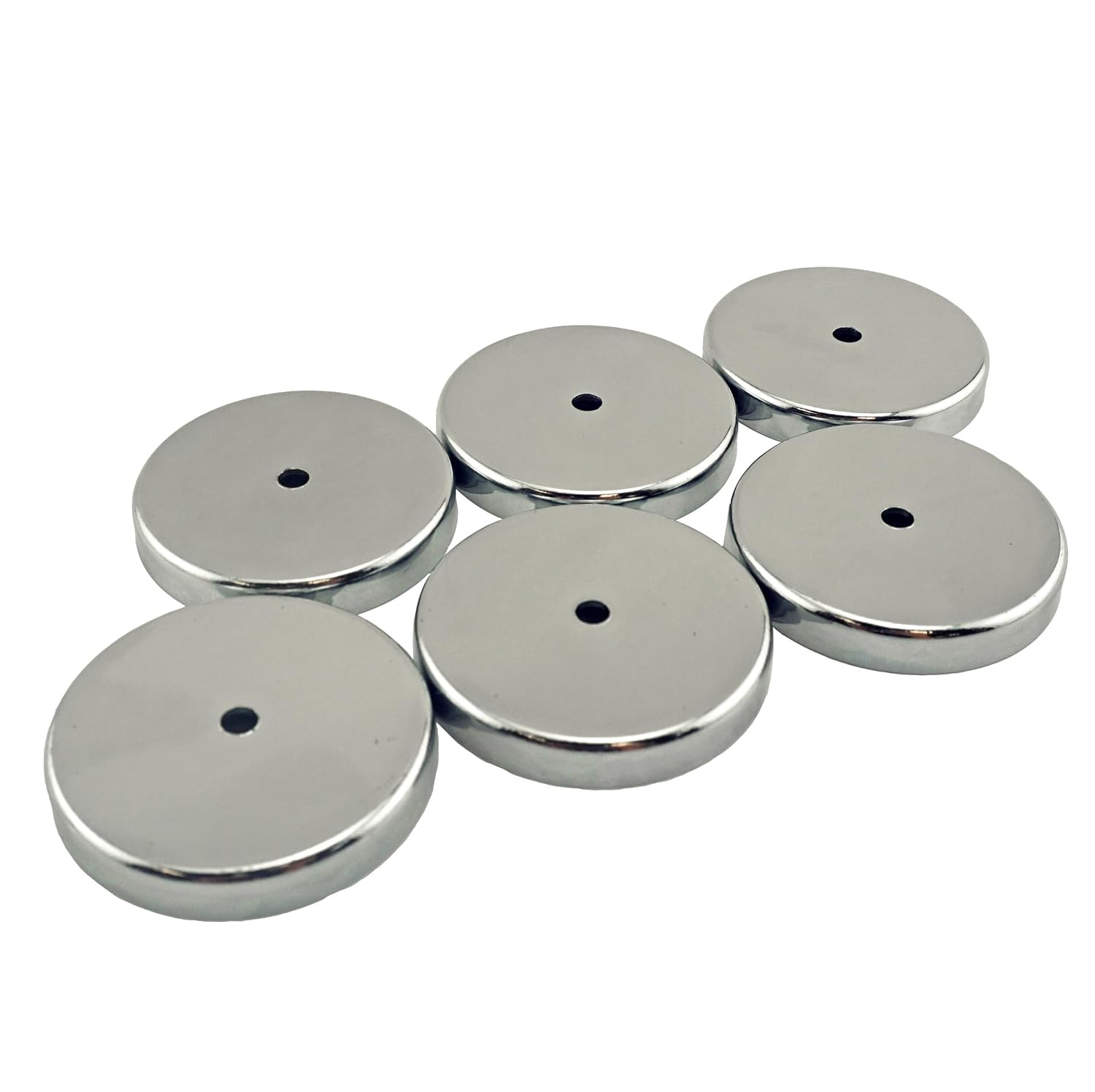 Master Magnetics Round Base Magnet Fastener with 0.197" Center Hole Chrome Plate, 2.04" Diameter, 0.302" Thick, 35 Pounds, Silver (Pack of 6), RB50CX6