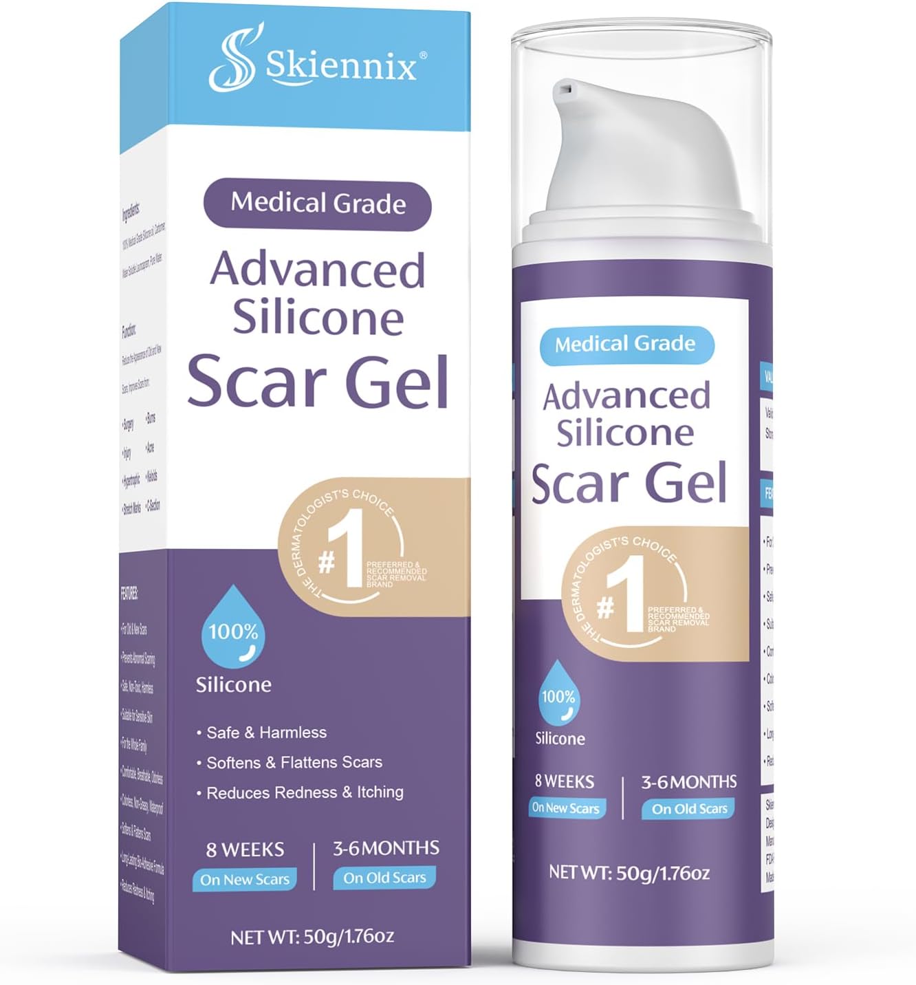 Skiennix Silicone Scar Gel 50g, Scar Treatment for Surgical Scars, Burns, Injury, Keloids, Stretch Marks, C-Section, Effective for Both Old and New Scars