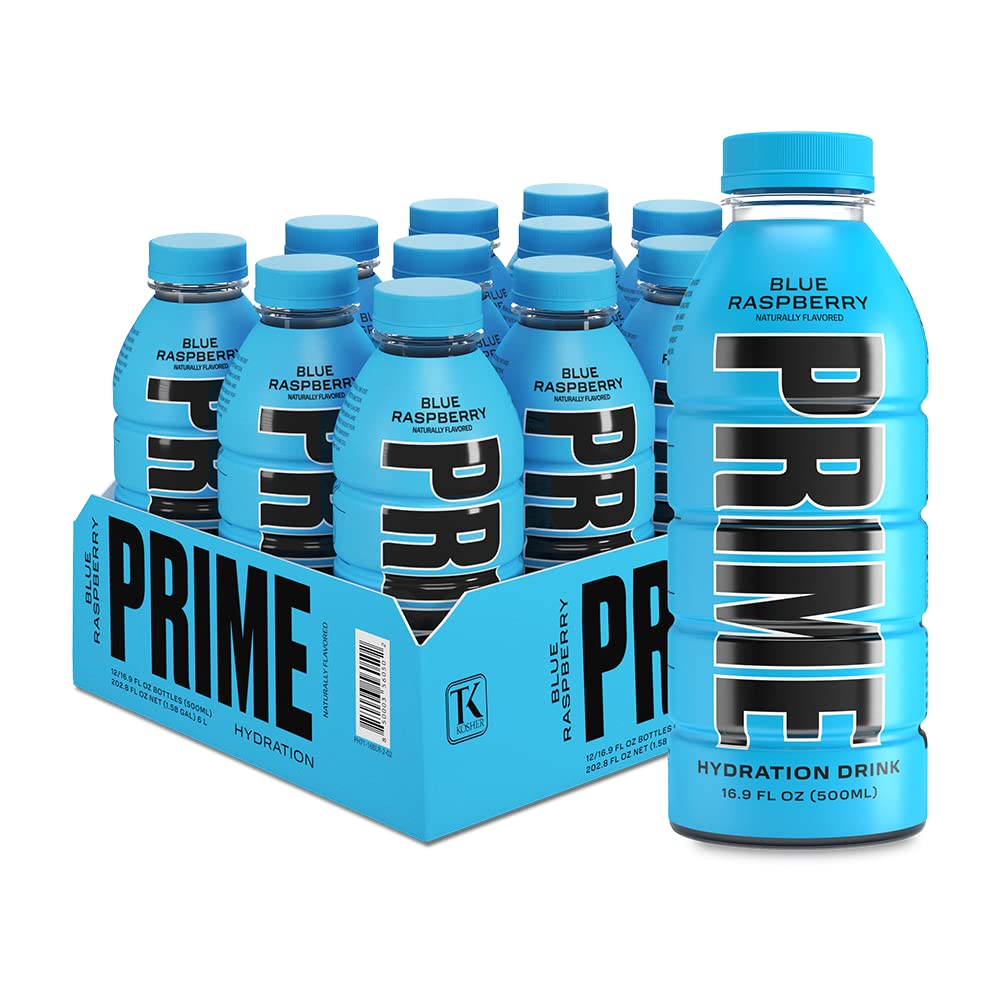 PRIME Hydration BLUE RASPBERRY, Sports Drinks, Electrolyte Enhanced for Replenishing Fluids, 250mg BCAAs, B Vitamins, Antioxidants, Low Sugar, 16.9 Fl Oz, 12 Pack