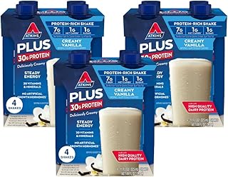 Atkins Creamy Vanilla PLUS Protein Shake, 30g Protein, 7g Fiber, 1g Net Carb, 1g Sugar, Keto Friendly, Low Carb, High Protein Drink, 12 Count