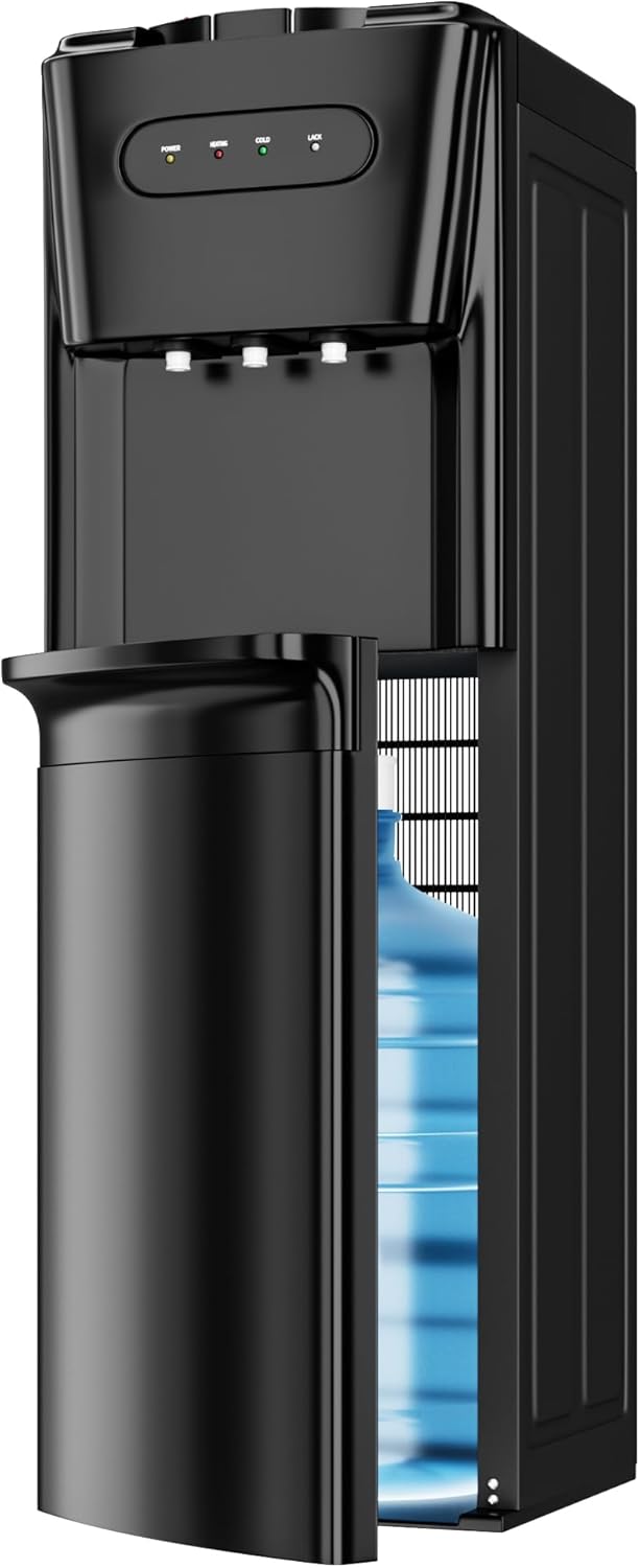 Bottom Loading Water Cooler Dispenser for 3 or 5 Gallon Bottles - Water Dispenser with Hot, Room & Cold Spouts, LED Display with Empty Bottle Alert, Child Safety Lock, Jet Black