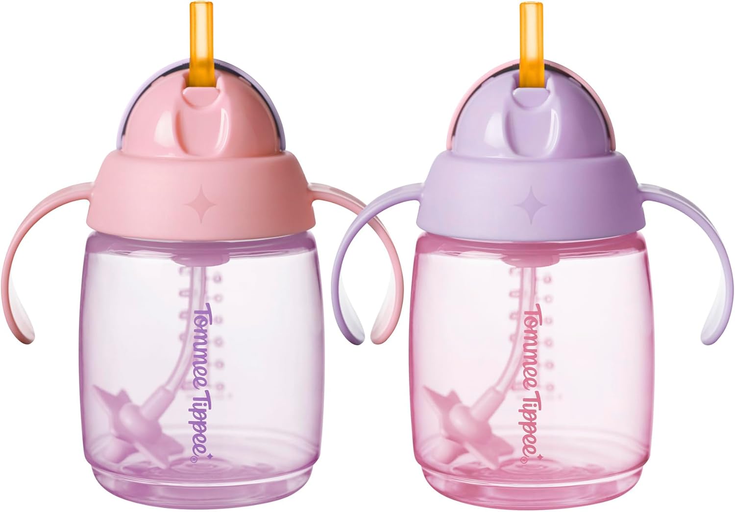 Tommee Tippee Trainer Straw Cup, 240ml, Easy Transition Toddler Cup for 6 Months+, with Silicone Weighted Straw and Easy-Hold Handles, Pink and Purple, 2 pack